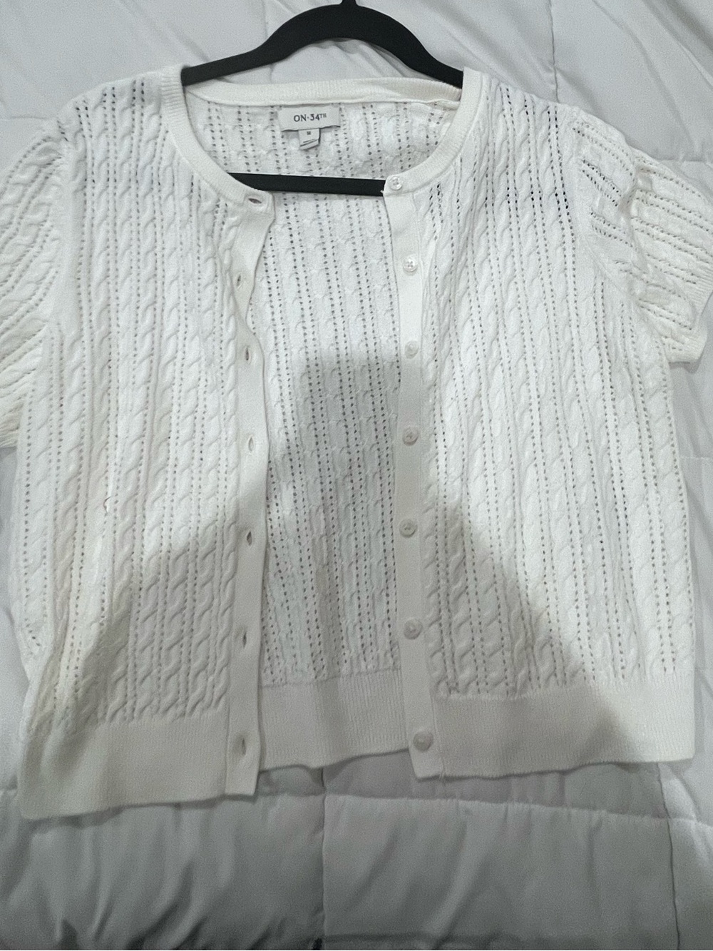 On 34th open Short Sleeve Pointelle Cardigan Sweater - White ivory nwot M - Picture 7 of 7
